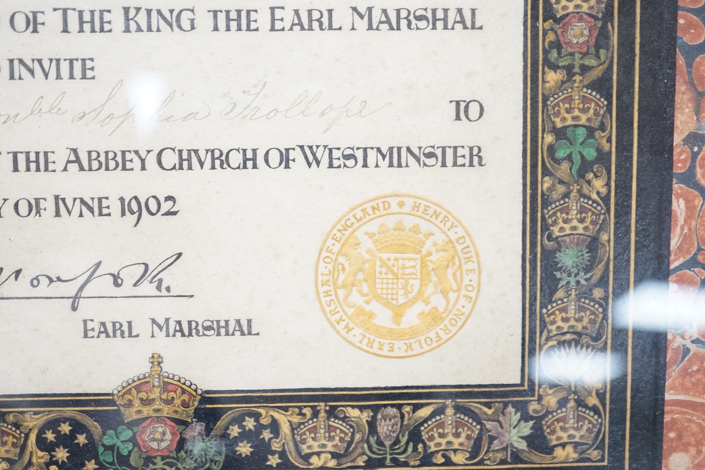 A framed Invite to the 1902 Coronation of King Edward VII